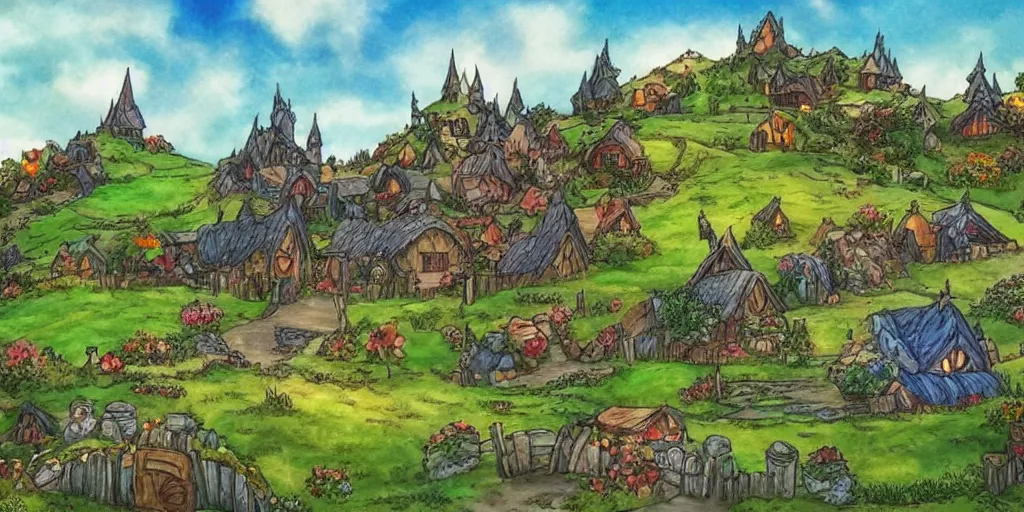 Prompt: hobbiton in the style of howl's moving castle