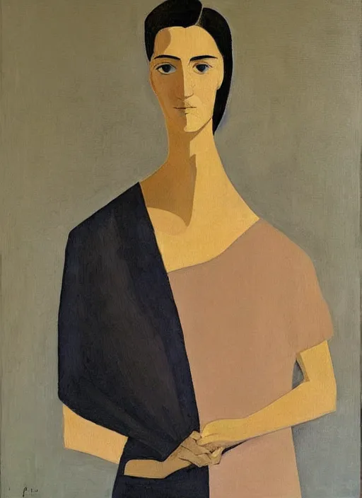 Image similar to a painted portrait of a confident women, art by felice casorati, aesthetically pleasing and harmonious natural colors, expressionism, natural light, fine day, portrait