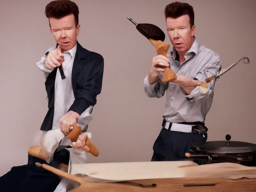 Image similar to rick astley using a rolling pin, sharp detail, cinematic