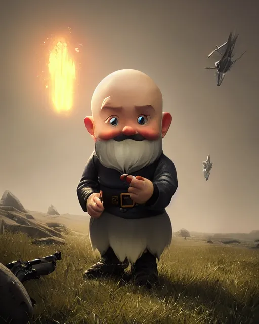 Image similar to bald gnome big white beard, dagger, bomb, running, field, angry, hyper realism, cinematic, volumetric lighting, high detail, octane render, unreal engine, 8 k, depth of field, concept art, dnd, digital art, deviantart artstation, extremely detailed, very sharp, in the style of greg rutkowski