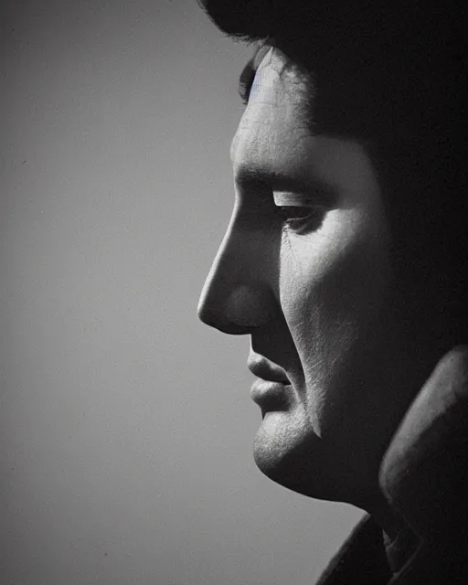 Prompt: elvis presley ’ s face in profile, in the style of the dutch masters and gregory crewdson, dark and moody