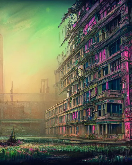 Prompt: a beautiful detailed painting of building city urbex palace by benedek vass, neon noir synthwave lake dieselpunk nature, archdaily, wallpaper, highly detailed, trending on artstation.