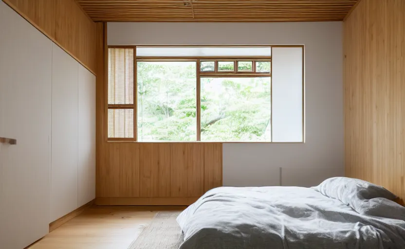 Prompt: interior of a small and compact minimalist bedroom in an apartment building, japanese style, bed, cupboards, bamboo wood, white, beige, bright, green wall, windows with a view of a green park, natural materials, modernist, swedish design, 8 k