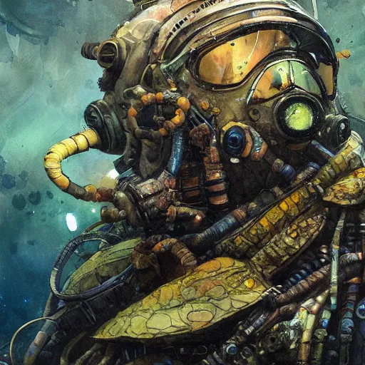 Prompt: diver in an alien aquarium, kelp, coral, solar rays, cyberpunk, realistic, detailed, Industrial Scifi, paint, watercolor, in the style of Ashley Wood and Wadim Kashin