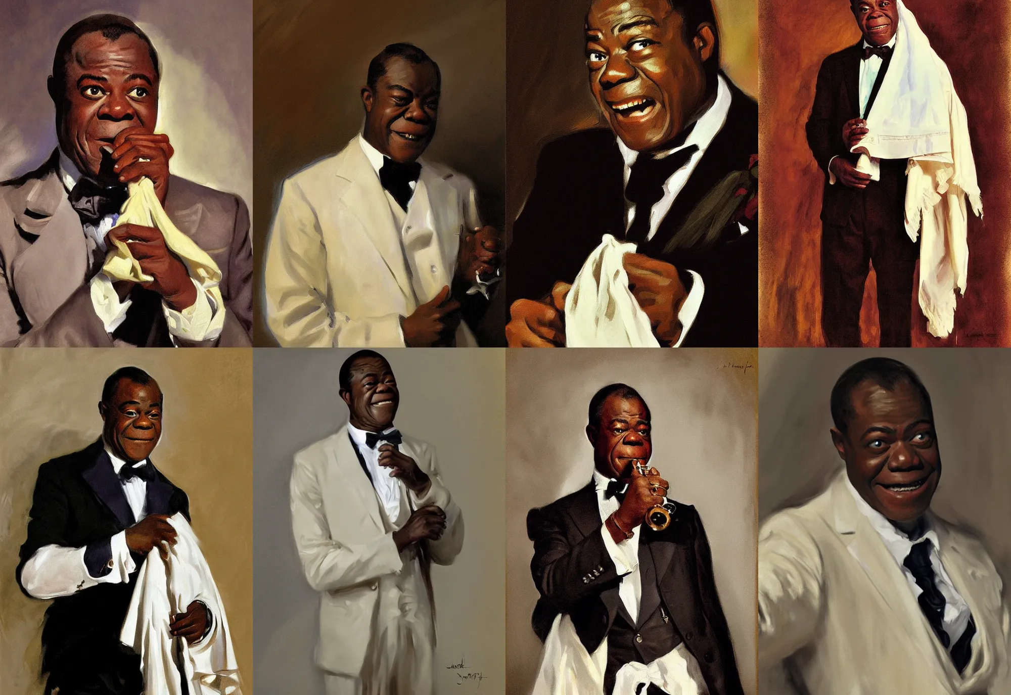 Image similar to a portrait of louis armstrong holding a white handkerchief, by john singer sargent, dramatic lighting, highly detailed digital painting
