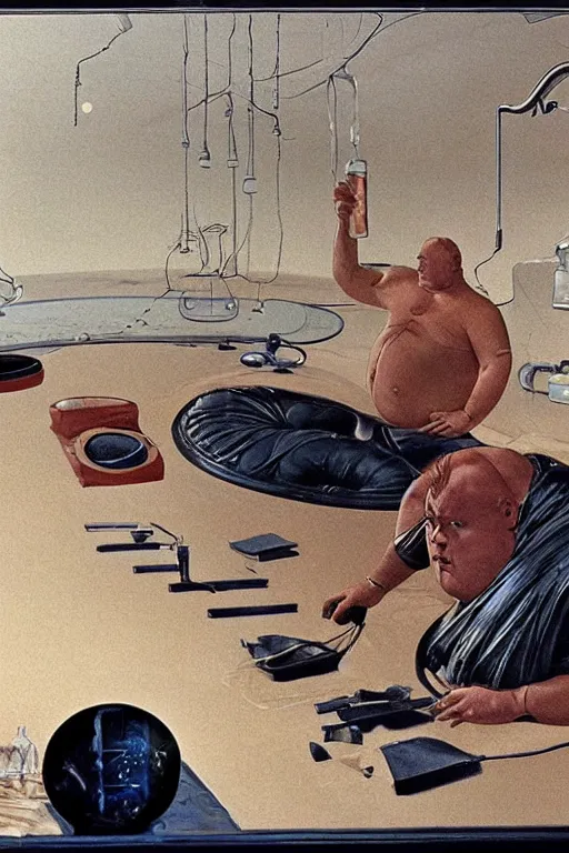 Image similar to the baron harkonnen floating in a laboratory on guidi prime, colour painting by normal rockwell, dune movie 1982