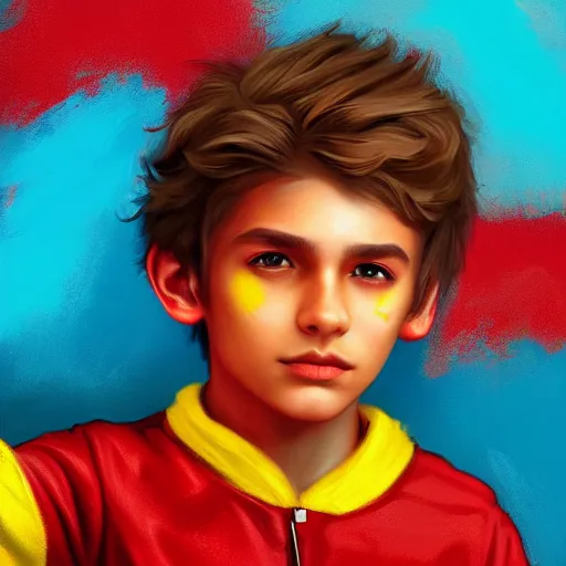 Image similar to colorful and festive captivating young child boy, brown fluffy hair, wearing red and yellow hero suit, doing the peace symbol with his hand. full body, rich vivid colors, ambient lighting, dynamic lighting, 4 k, atmospheric lighting, painted, intricate, highly detailed by charlie bowater