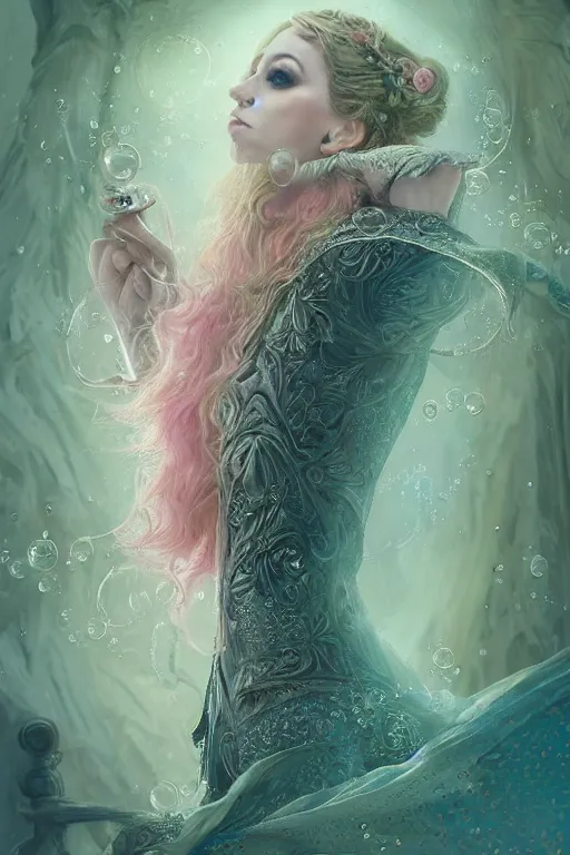 Prompt: elaborately hyperdetailed illustration of an extremely beautiful regal witch, eerie mist and ethereal pink bubbles, Aetherpunk, atmospheric lighting, high fantasy professionally painted digital art painting, smooth, sharp focus, highly detailed illustration highlights, backlight, golden ratio, 8K detail post-processing, symmetrical facial features, rich deep moody colors, award winning picture, Daily Deviation on DeviantArt, trending on cgsociety, featured on ArtstationHQ, very coherent symmetrical artwork, concept art