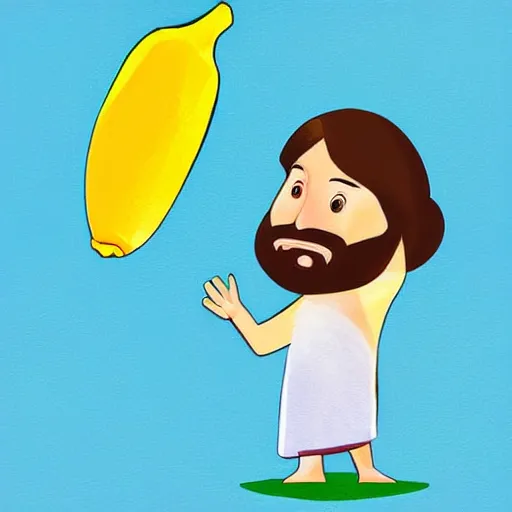 Prompt: jesus lifting a banana up into the air, digital art