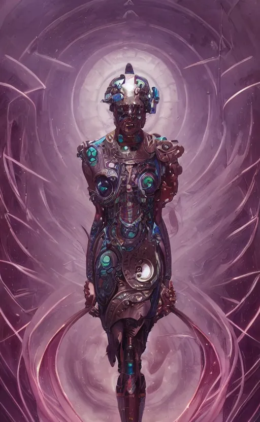 Image similar to Full lengh of a cyborg goddess by Wayne Barlowe and Peter Mohrbacher, detailed, sharp, digital art, trending on Artstation