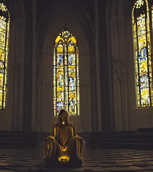 Image similar to a tall pale humanoid being sitting upon an ornate stone throne, 4K, digital art, horror, dramatic, wearing a long yellow rotting garment, dark, hyperrealistic, perspective, complex black church background with volumetric lights coming in through cathedral windows,