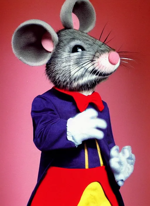 Prompt: Chuck E. Cheese mascot low quality 2002 circus portrait of an anthropomorphic rat animatronic dressed like a clown, professional portrait, camera flash, dimly lit mouse, Chuck E. Cheese head, authentic, mouse, costume weird creepy, off putting, nightmare fuel, Chuck E. Cheese