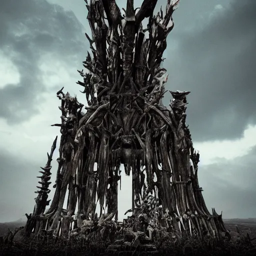 Image similar to giant throne of bones, very very very tall, wide angel shot from below, legendary, dramatic lightning, insane detailed, epic, movie poster, photorealistic, 8k, octane render -ar 16:9 H 1024