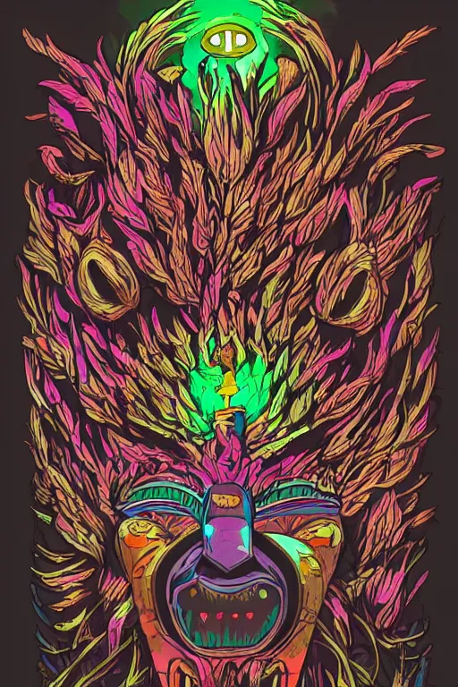 Image similar to animal mask totem roots flower tribal feather gemstone plant wood rock shaman vodoo video game vector cutout illustration vivid multicolor borderlands comics by josan gonzales and dan mumford radiating a glowing aura