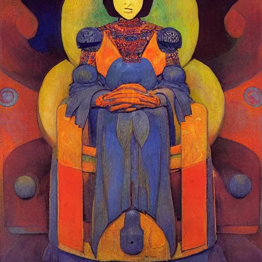 Image similar to the little robot queen in her regalia, by annie swynnerton and diego rivera and nicholas roerich, symbolist, dramatic lighting, elaborate geometric ornament, smooth, sharp focus, extremely detailed, leo and diane dillon, adolf wolfli, soft pastel colors