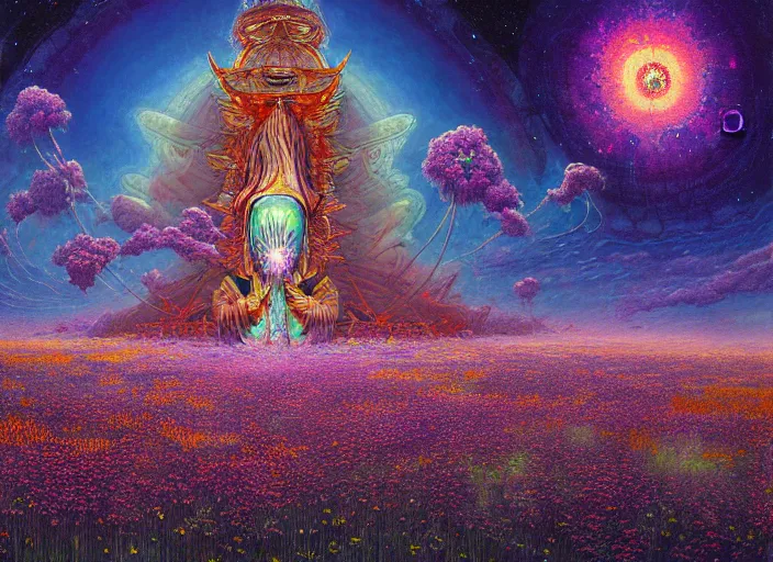 Image similar to a beautiful painting of a large alien shrine shrouded by mystic nebula magic in a field of flowers by moebius and android jones, oil on canvas sharp, details, hyper - detailed, hd, hdr, 4 k, 8 k