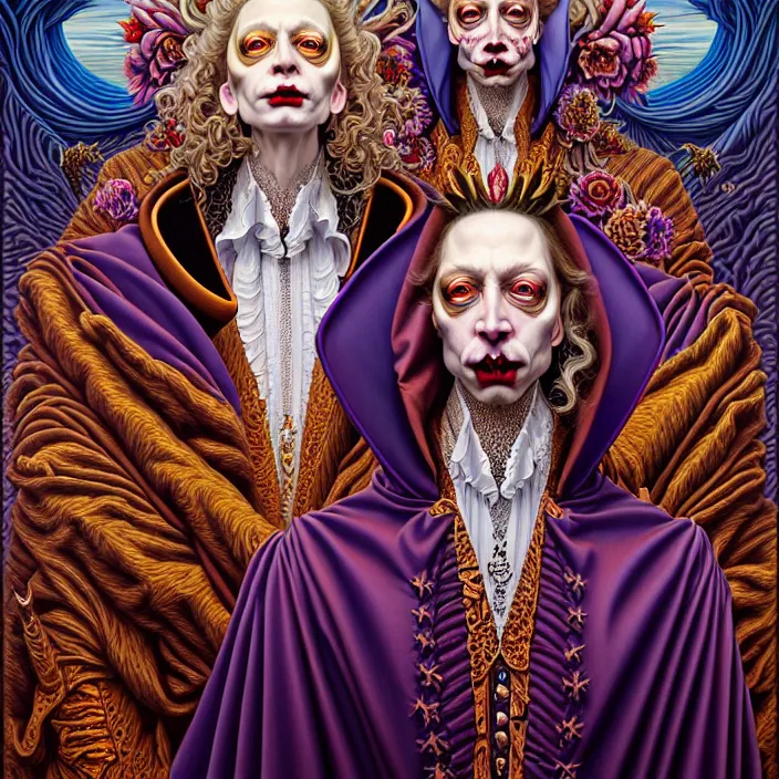 Prompt: beautiful oil painting, full length portrait of vampire dauphinois in baroque coronation robes 1701, Dan Mumford, Dan Mumford, Alex grey, hyacinthe rigaurd, highly detailed , lsd visuals, dmt fractal patterns, visionary art, psychedelic art, ornate, vaporwave, baroque, Greg rutkowski