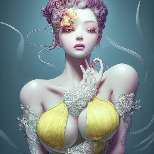 Image similar to the portrait of a sensual lemon that resembles an absurdly beautiful, graceful, elegant, sophisticated gravure idol, an ultrafine hyperdetailed illustration by kim jung gi, irakli nadar, intricate linework, bright colors, octopath traveler, final fantasy, unreal engine 5 highly rendered, global illumination, radiant light, detailed and intricate environment