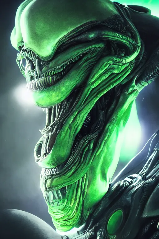 Image similar to alien character, cinematic lighting, intricate details, green smoke dark background, ring light, alex ross, mark waid, jonathan hickman, joe sinnot, jack kirby style arts, trending on artstation featured on behance,