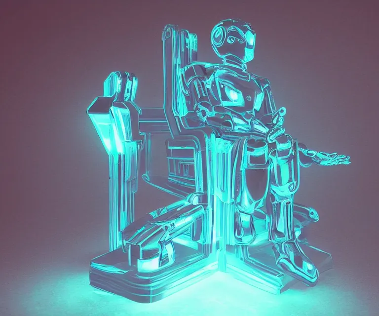 Image similar to glowing translucent robot sitting on an throne, futuristic castle background, fantasy sci - fi, sharp lines, metallic, 2 0 0 mm focus