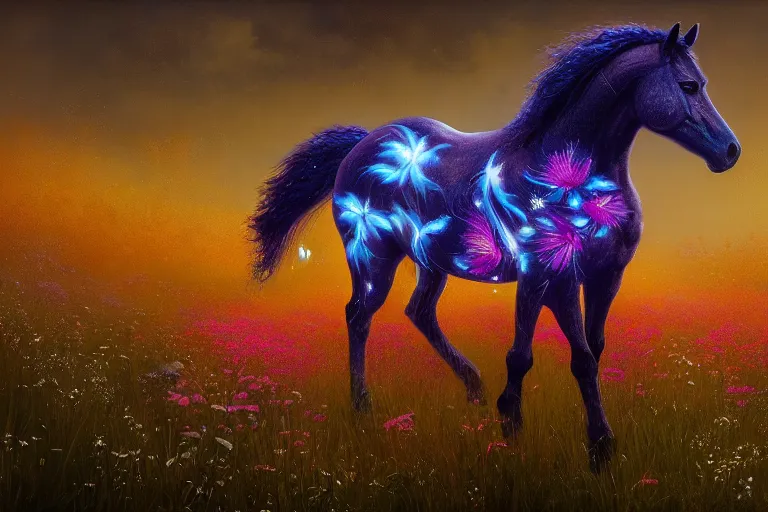 Image similar to a stunning digital painting of a horse with a mane of bioluminescent flowers running through a field of flowers by greg rutkowski, flowercore, volumetric light, digital art, fine detail, photorealistic