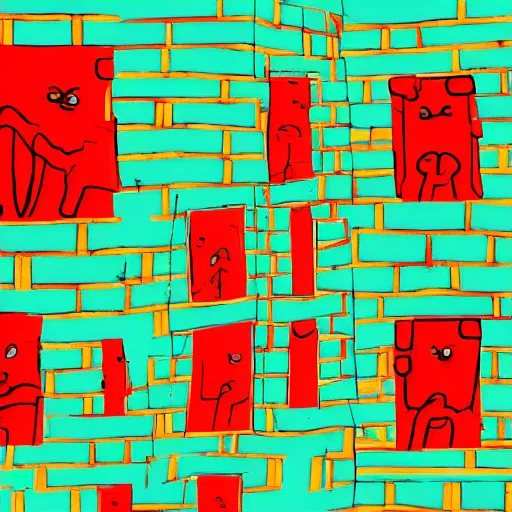 Image similar to a chinese prison, in the style of daniel johnston and outsider art, 8 k, line brush, minimal, brightly coloured, flat blocks of color, overlaid with chinese adverts