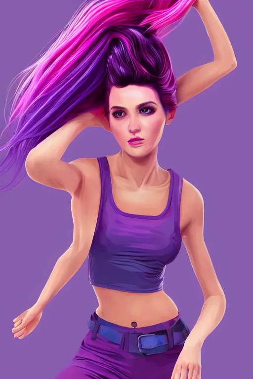 Prompt: a award winning half body porttrait of a beautiful woman in a croptop with ombre purple pink teal hairstyle with head in motion and hair flying, outrun, vaporware, shaded illustration, digital art, trending on artstation, highly detailed, fine detail, intricate