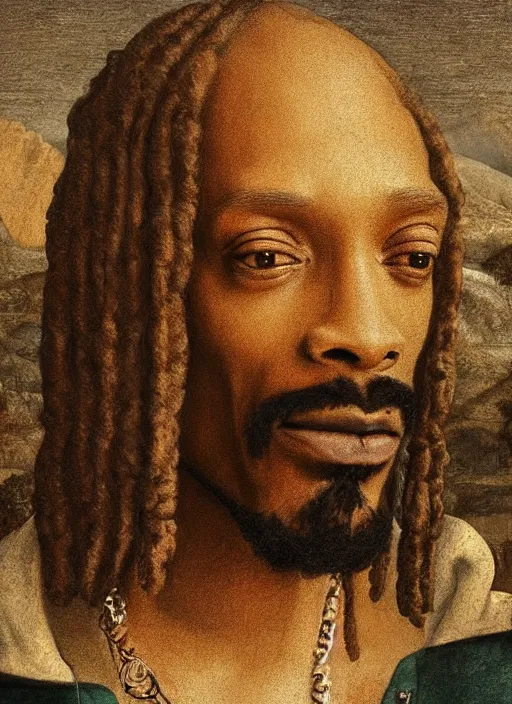 Image similar to a very high resolution image from a new movie, snoop dogg. drawn by leonardo da vinci. mountains, directed by wes anderson