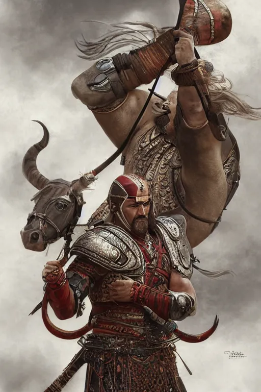 Prompt: burak ozcivit ultra realistic illustration, mongol horse archer warrior in style armor from 1 9 3 2, sci - fi, fantasy, intricate, elegant, highly detailed, digital painting, artstation, god of war, concept art, smooth, sharp focus, illustration, art by artgerm and greg rutkowski and alphonse mucha