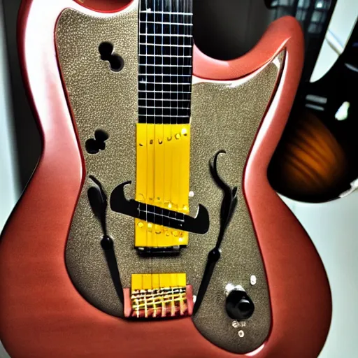 Prompt: photo of a custom shape electric guitar with ornaments and gems, ultra realistic