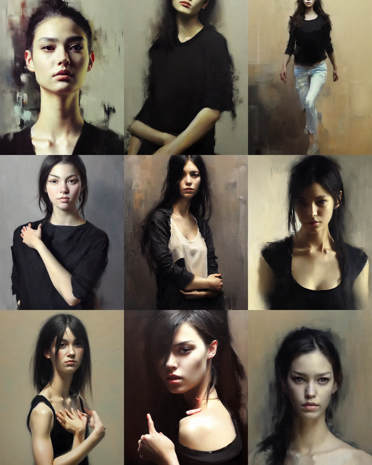 Prompt: beautiful portrait painting of a gorgeous girl wearing a black top, oil painting, art by ruan jia