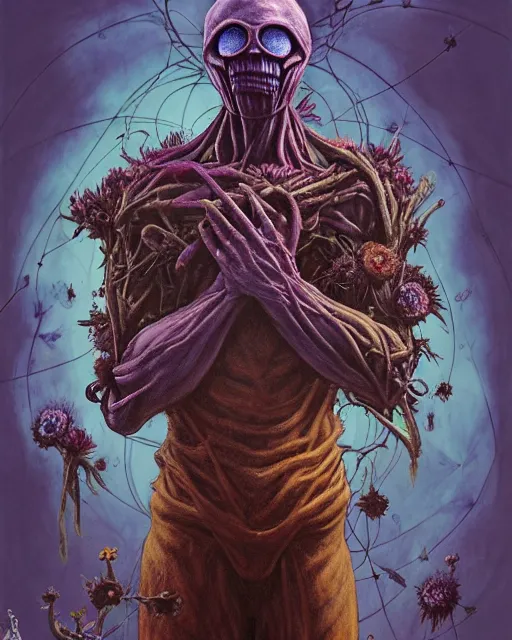 Prompt: the platonic ideal of flowers, rotting, insects and praying of cletus kasady carnage thanos davinci dementor wild hunt chtulu mandala ponyo doctor manhattan bioshock, fantasy, ego death, decay, dmt, psilocybin, concept art by randy vargas and greg rutkowski and zdzisław beksinski