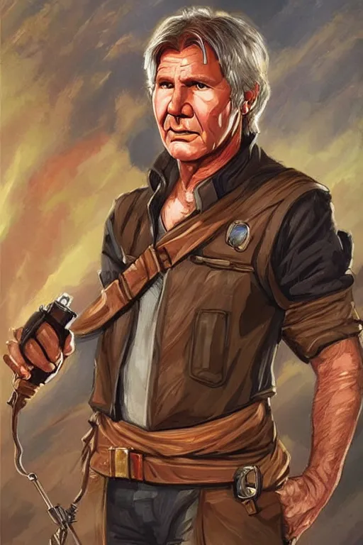 Prompt: harrison ford portrait as a dnd character fantasy art.