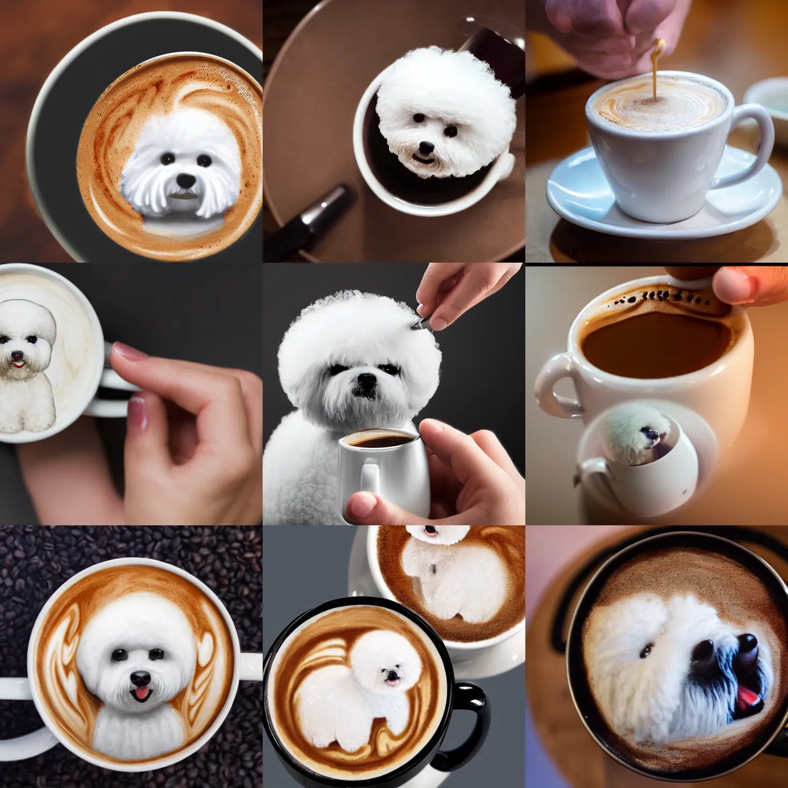 Image similar to a closeup photorealistic photograph of barista drawing bichon frise shaped latte art in a cup. professional capture, well lit shot. this 4 k hd image is trending on artstation, featured on behance, well - rendered, extra crisp, features intricate detail, epic composition and the style of unreal engine.