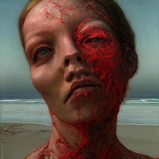 Image similar to face portrait, rocky shore, woman, wrapped around by veins, veiled face, glowing red, by edgar maxence and ross tran, zdzisław beksinski, and michael whelan, distant, gustav dore, h. r. giger, 8 k, octane render