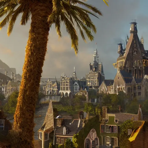 Image similar to a coastal magical town with witches and knights and a grand university of magic and technology visible in the distance, sunny weather, inspired by victorian england and amsterdam, palm trees, highly detailed, intricate, digital painting, trending on artstation, concept art, matte painting, art by greg rutkwowski, craig mullins, octane render, 8 k, unreal engine