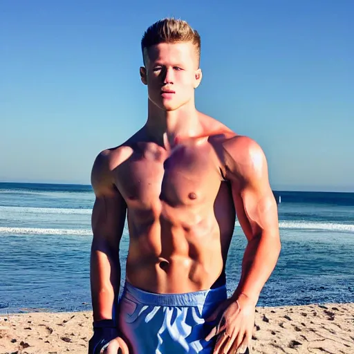 Image similar to a realistic detailed photo of a guy who is an attractive humanoid who is half robot and half humanoid, who is a male android, football player christian mccaffrey, shiny skin, posing like a statue, blank stare, by the beach, on display