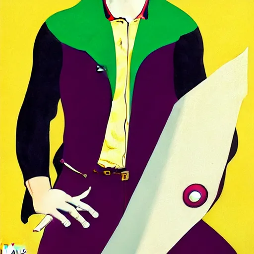 Image similar to Young Spanish man is Super Spy Captain, the Electric Boy, Art by Coles Phillips and Joshua Middleton, socks, Rene Magritte, succulent plants Chalk white skin, deep purple hair, Green eyes, Orange background, Mucha, Portrait of the man, surreal, ,carbon black and antique gold