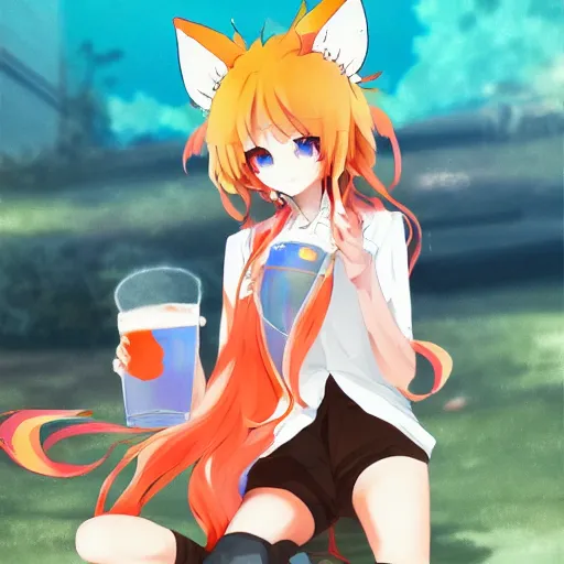 Prompt: senko-san very very very beautiful cute anime kitsune fox girl drinks beer trending on pixiv orange hair orange tail