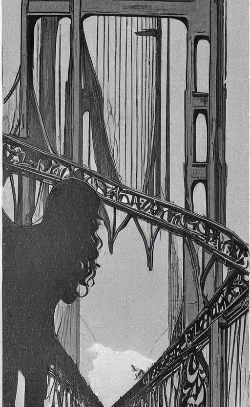 Image similar to art nouveau! style, woman overlooking, golden gate bridge! first pillar!!! in the background, early 1 9 0 0 s!!