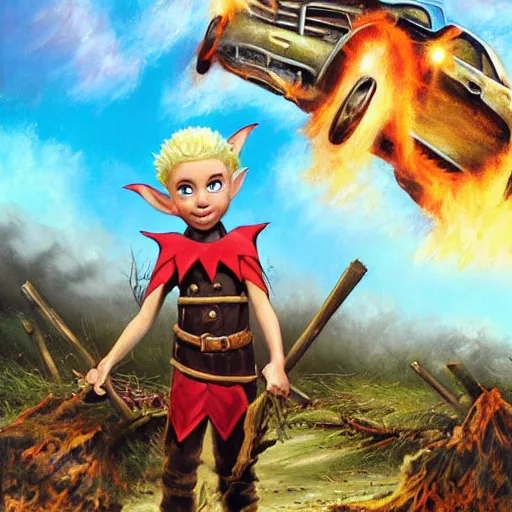 Image similar to an elf with spiky blonde hair wearing dark brown overalls and holding dynamite standing next to a destroyed car, painting by Mark Brooks