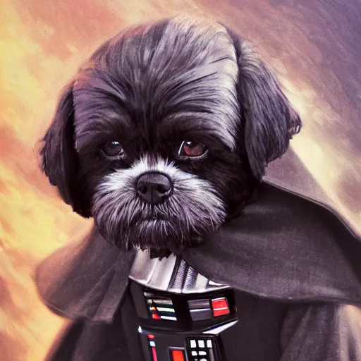 Image similar to Darth Vader as a Shih Tzu, detailed, centered, digital painting, artstation, concept art, donato giancola, Joseph Christian Leyendecker, WLOP, Boris Vallejo, Breathtaking, 8k resolution, extremely detailed, beautiful, establishing shot, artistic, hyperrealistic, beautiful face, octane render, cinematic lighting, dramatic lighting, masterpiece