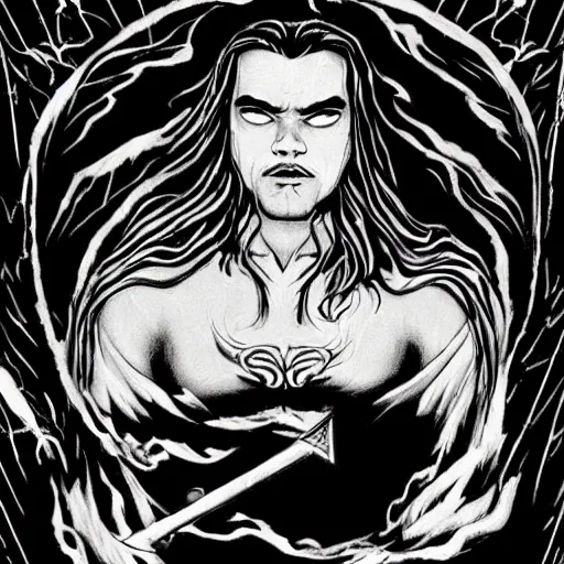 Prompt: black and white pen and ink!!!!!!! Twin Peaks Black Lodge goetic vampire Leonardo Di Caprio handsome robes flowing royal hair golden!!!! Vagabond!!!!!!!! floating magic swordsman!!!! glides through a beautiful!!!!!!! liquid magic floral crystal battlefield dramatic esoteric!!!!!! Long hair flowing dancing illustrated in high detail!!!!!!!! by Moebius and Hiroya Oku!!!!!!!!! graphic novel published on 2049 award winning!!!! full body portrait!!!!! action exposition manga panel black and white Shonen Jump issue by David Lynch eraserhead and beautiful line art Hirohiko Araki!! Rossetti, Millais, Mucha, Jojo's Bizzare Adventure