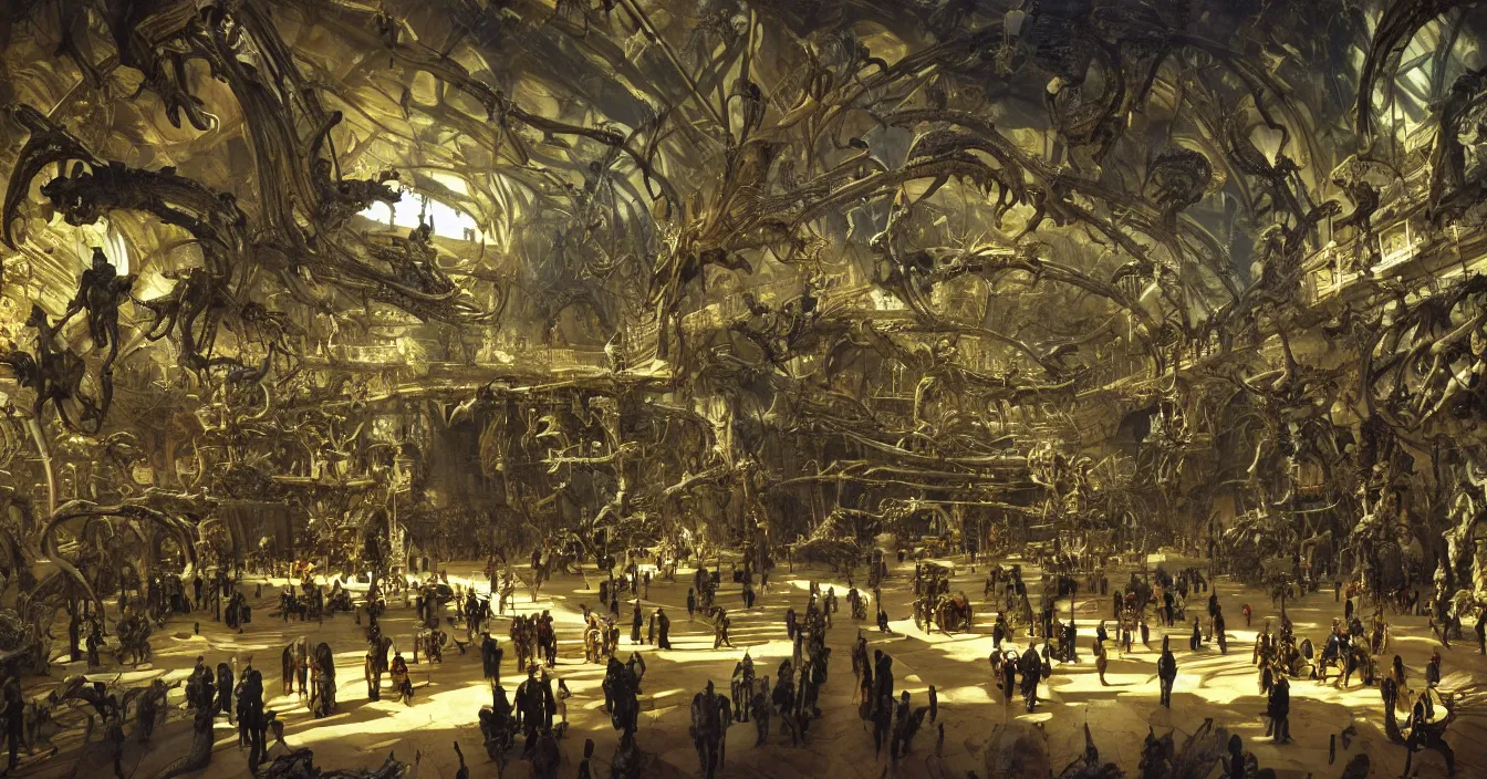 Prompt: Photograph of interior of futuristic museum, full of thousands of exhibits of alien humanoid fossils, high detail, light contrast, dramatic atmosphere, bright colours, painted by John Howe, Marc Simonetti, Asher Brown Durand , Gustave Dore, George Inness,