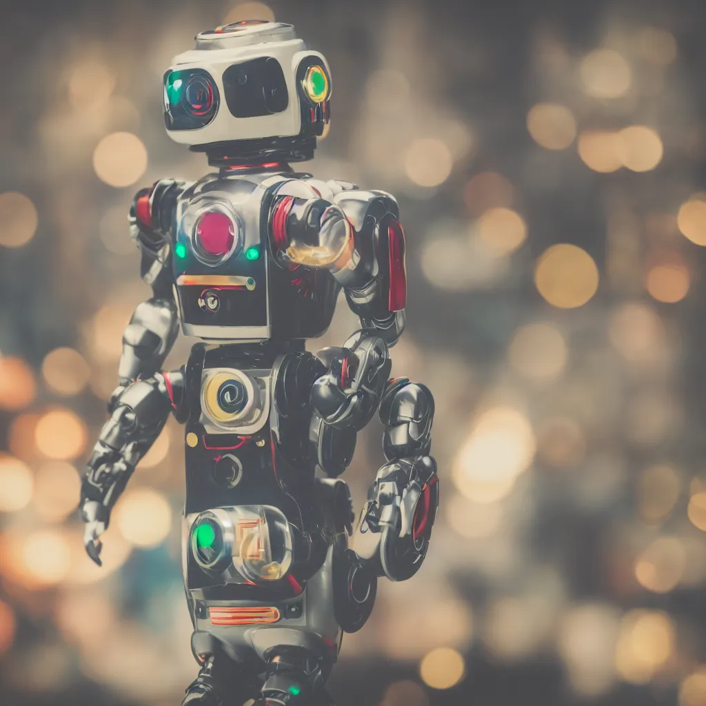 Image similar to high quality presentation photo of a retro toy robot with glowing eyes, photography 4k f1.8 anamorphic bokeh 4k Canon Nikon