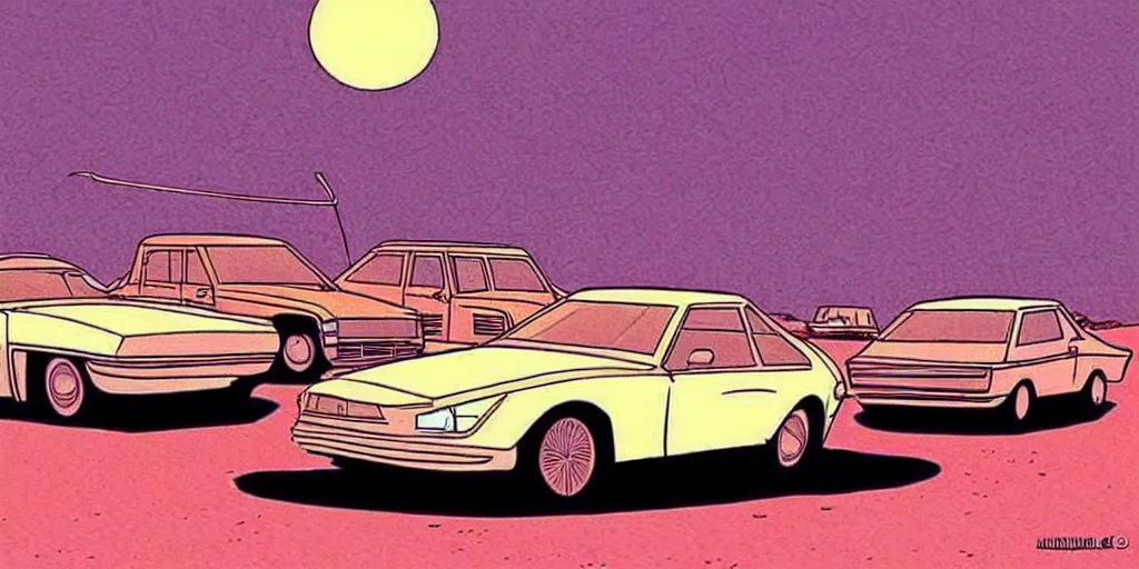 Image similar to vintage cars in a desert, cartoon, moebius style