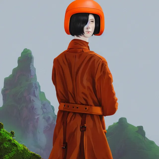 Image similar to portrait of alone androgynous girl wearing long orange vintage leather coat and wearing giant modular synthesizer 8 0 s sony stereo helmet and backpack. bakelite cliffs, moss green japanese forest background, ultrafine hyperdetailed illustration by hsiao - ron cheng and artgerm, the grand budapest hotel, glow, no crop, digital art, artstation, pop art