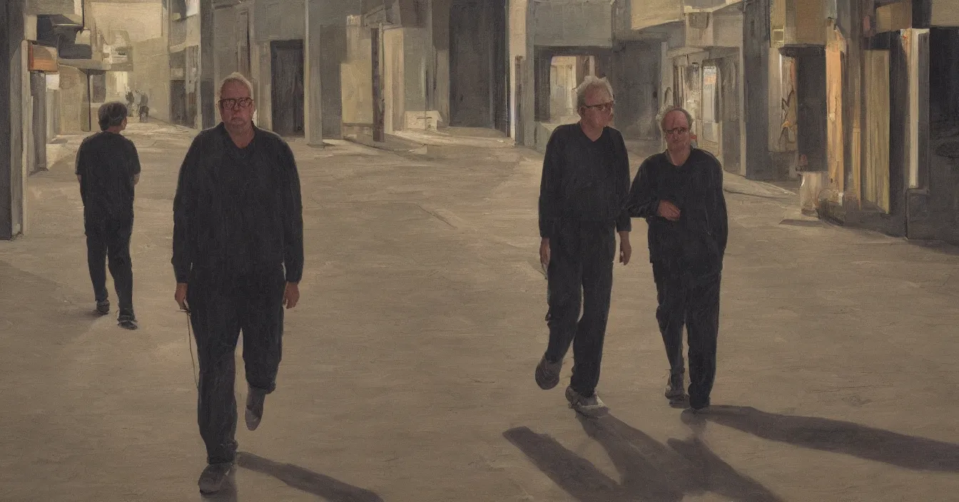 Prompt: todd solondz, high quality high detail painting of todd solondz walking with a friend in an empty tel aviv street, face of todd solondz, night, by lucian freud and gregory crewdson and francis bacon, hd, photorealistic lighting