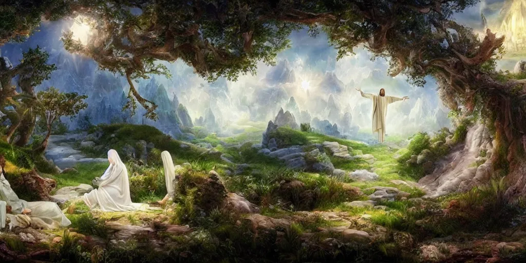 Prompt: a fantasy landscape with white beautiful trees and jesus in heaven, perfect faces, jesus, jesus, jesus