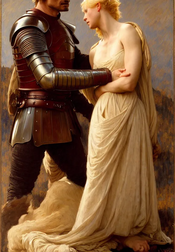 Image similar to attractive handsome fully clothed jaime lannister confesses his love for attractive fully armored brienne of tarth. centered composition. highly detailed painting by gaston bussiere and j. c. leyendecker and william adolphe bouguereau and fra angelico and octane render, musee d'orsay 8 k